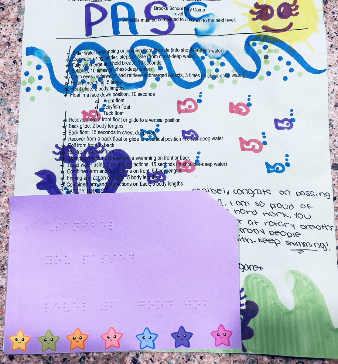 VickyWuDavis's tweet photo. My daughter’s summer camp swim teacher had a Braille message attached to her swim test so she could read it. Her camp counselors were excited to present this to her, and my 8yr old was beaming!!  The extra little effort often makes the biggest impact. https://t.co/GoED5ww2bp