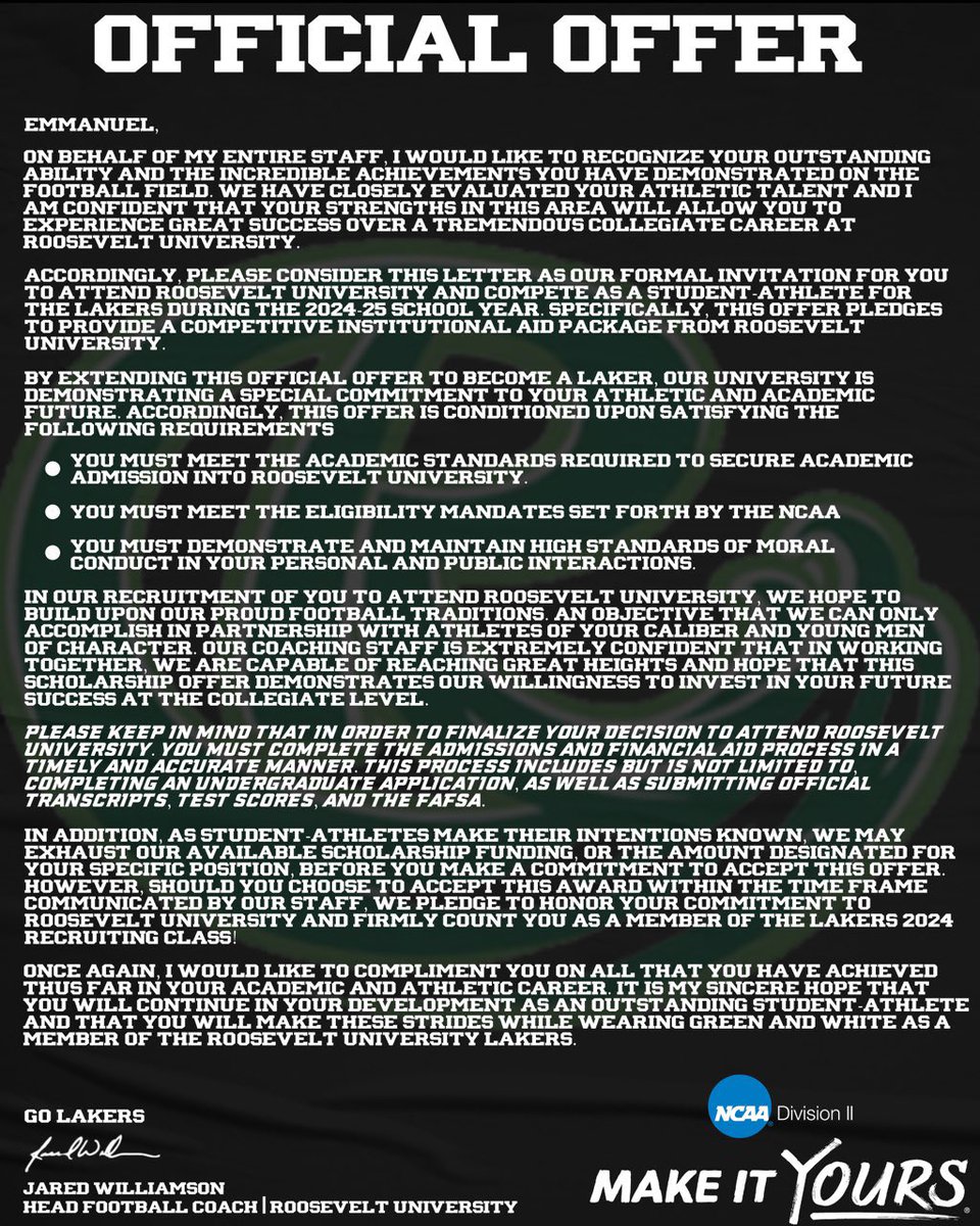 After a great conversation with <a href="/Coach_Davis42/">C.J. Davis</a> I’m blessed to receive an offer from Roosevelt University!
<a href="/RULAKERFB/">Roosevelt University Football</a> <a href="/Loyola_FB/">Loyola Academy Football</a>