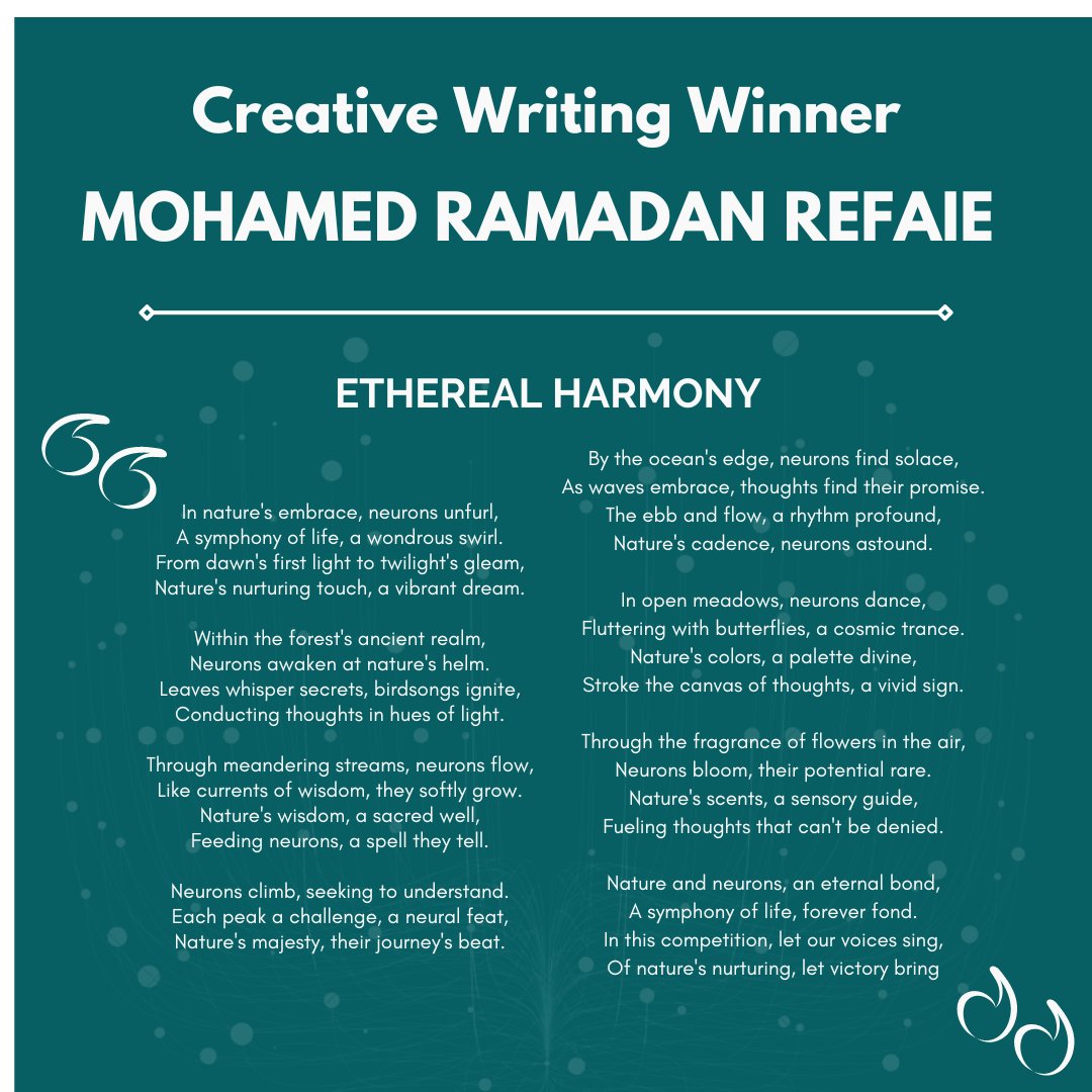 simplyneurosci's tweet photo. The winner of the Creative Writing category is Mohamed Ramadan Refaie and the two individuals tied for the winner of the Visual Art category are Paige Cann and Navya Jayaprakash. Congratulations! 🎉

#art #neuroscience #brain #psychology #student #youth #artist #creative #poem https://t.co/bulcPvpq7w