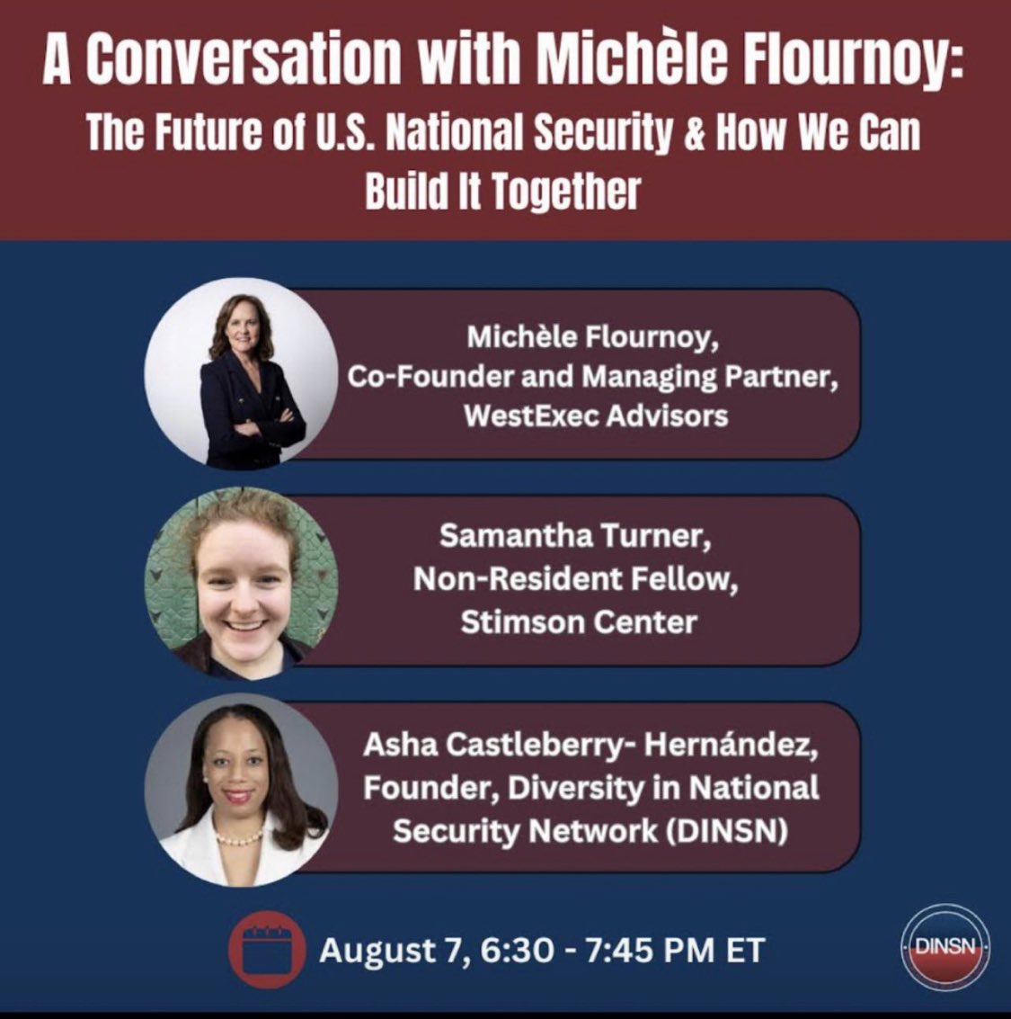 Join @DINSN next Monday evening for what should be a very interesting virtual conversation with the intrepid Michèle Flournoy. we have a great mix of policy and professional advice topics lined up—so there will be something for everyone. Register via email with staff@dinsn.org