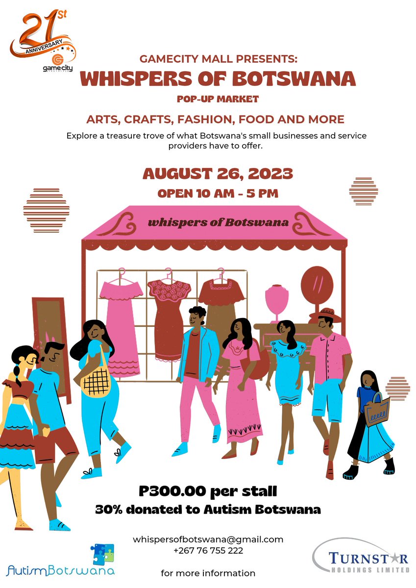 ArtdealingSyd's tweet photo. Don't forget to book your stall
Stalls go for P300, P100 from each stall is donated to Autism Botswana 

#gamecity #market #pushabw #smme https://t.co/kGcXXZ0M15