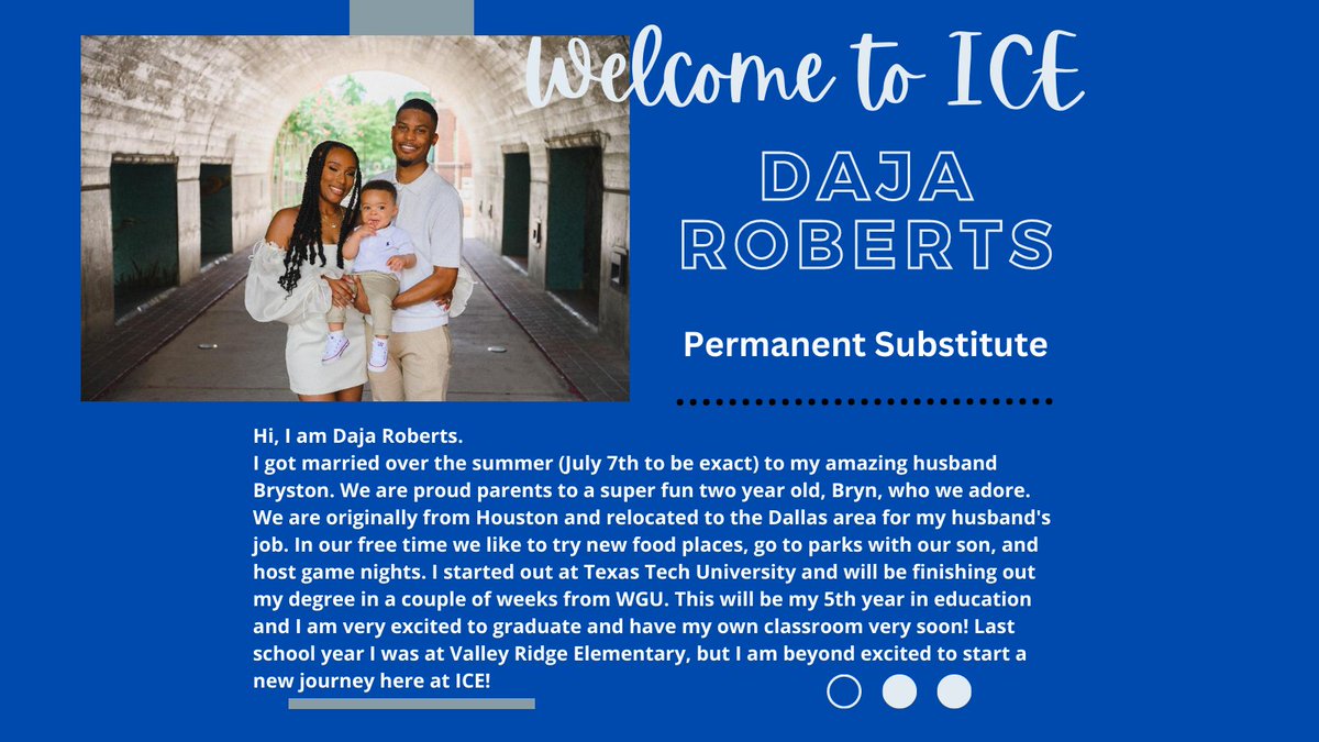 Please welcome our Permanent Substitute, Daja Roberts, to Indian Creek!  She will be filling in across campus where needed.  Welcome to ICE!