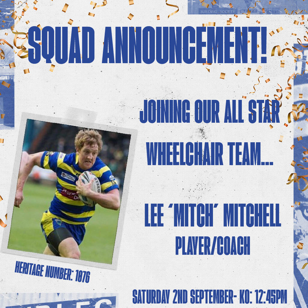 WWRLFoundation's tweet photo. Announcing our coach for the All Star Wheelchair team! Ex-@WarringtonRLFC &amp; Challenge Cup winner Lee Mitchell will be hoping to coach &amp; play his team to victory on the 2nd September! 

To see Mitch play in Warrington colours again, buy tickets now at https://t.co/kiGLrzZCfU 🏉 https://t.co/4zRS7ga5NE