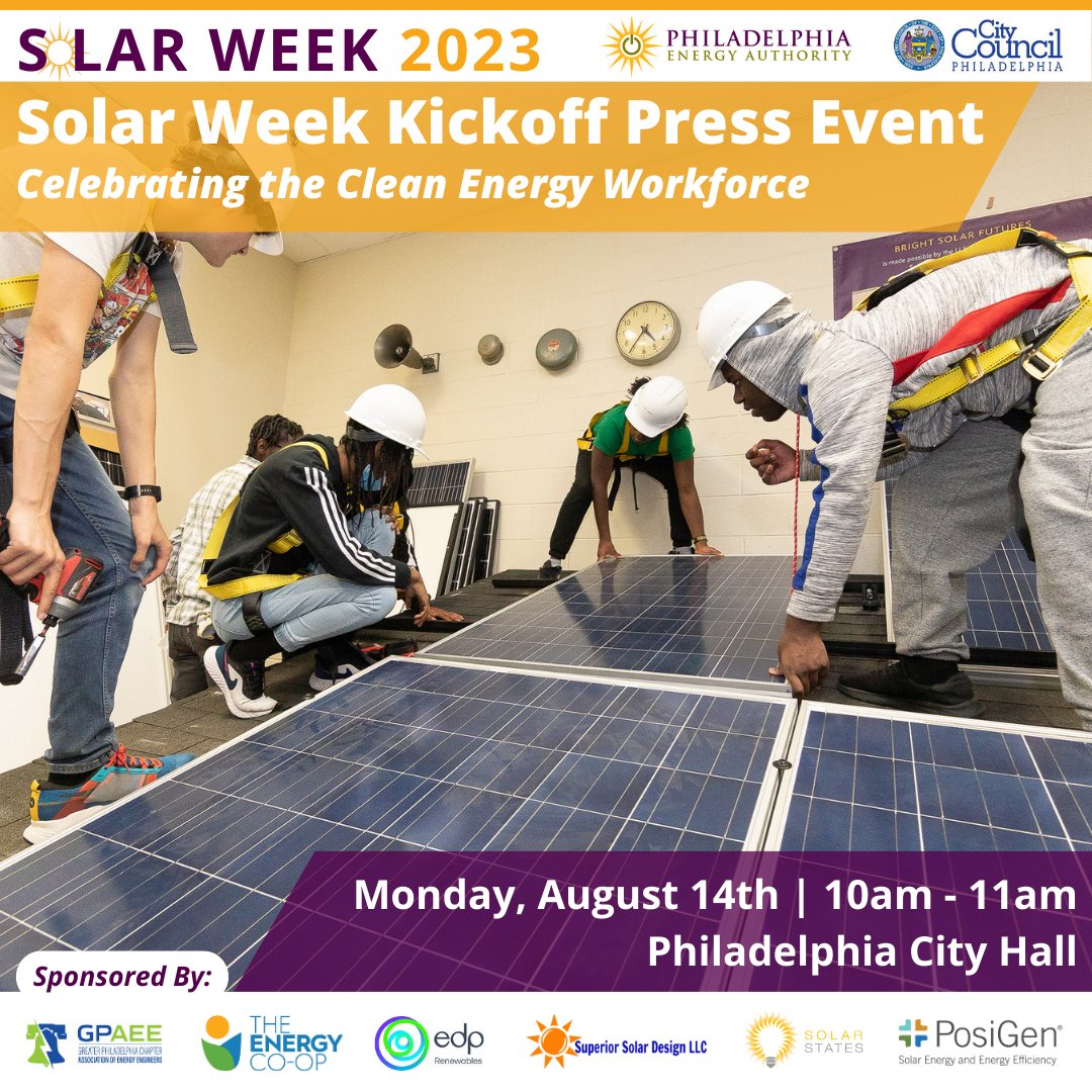 solarizephilly's tweet photo. Join us at City Hall next week, Monday, August 14th at 10am to kick off Philadelphia's fifth annual Solar Week! More information here: https://t.co/eDNJjD6fGM 🌞

#SolarWeekPHL #SolarizePHL #gosolarnow #cleanenergymeansjobs https://t.co/nw2X9YxuRD