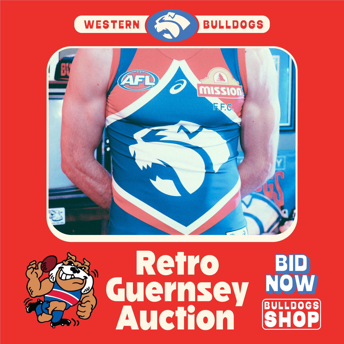 BulldogsShop's tweet photo. Retro Guernsey Auction is live now! 🔥 Bid on match worn &amp; signed player issue Guernseys from last nights WIN against the Tiges. Check it out here: https://t.co/H3tk2c8ppc https://t.co/zfJZQy6pHI