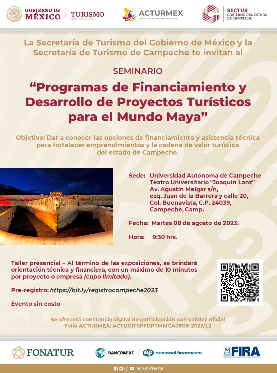 SECTUR_mx's tweet photo. Junto a @SECTURCampeche te invitamos al seminario “Programas de Financiamiento y Desarrollo de Proyectos Turísticos para el Mundo Maya”.

📍 Universidad Autónoma de Campeche
🗓️ 8 de agosto de 2023.
⏰ 9:30 hrs.

Taller presencial sin costo

👉Pre-registro: https://t.co/oSjLC0puuW https://t.co/8EhfSwwguH