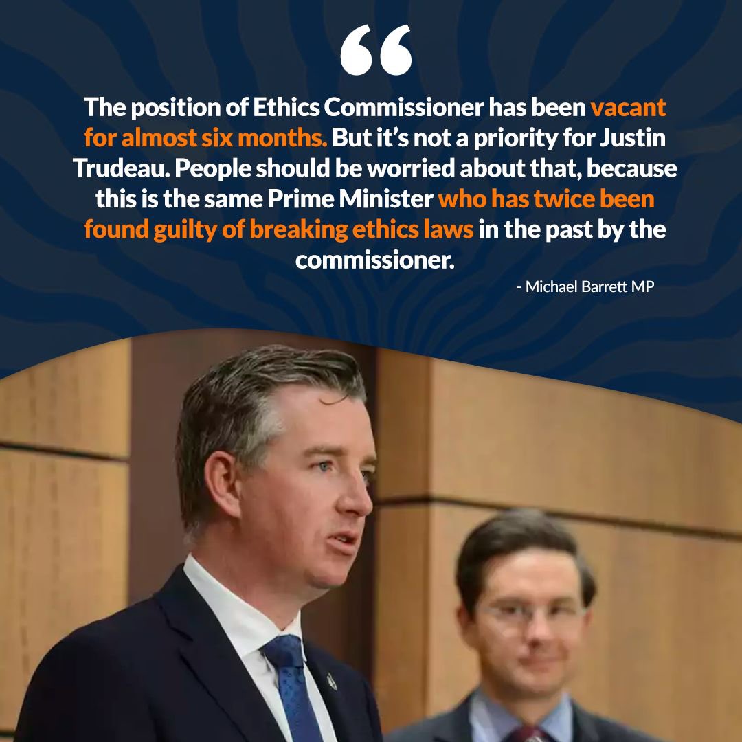 MikeBarrettON's tweet photo. 165 days without an Ethics Commissioner. Not surprising Justin Trudeau is avoiding this after being entangled in scandals & cover ups for 8 years & found guilty twice of breaking ethics laws.
Canadians deserve accountability – there needs to be an Ethics Commissioner to guard against conflicts of interests.