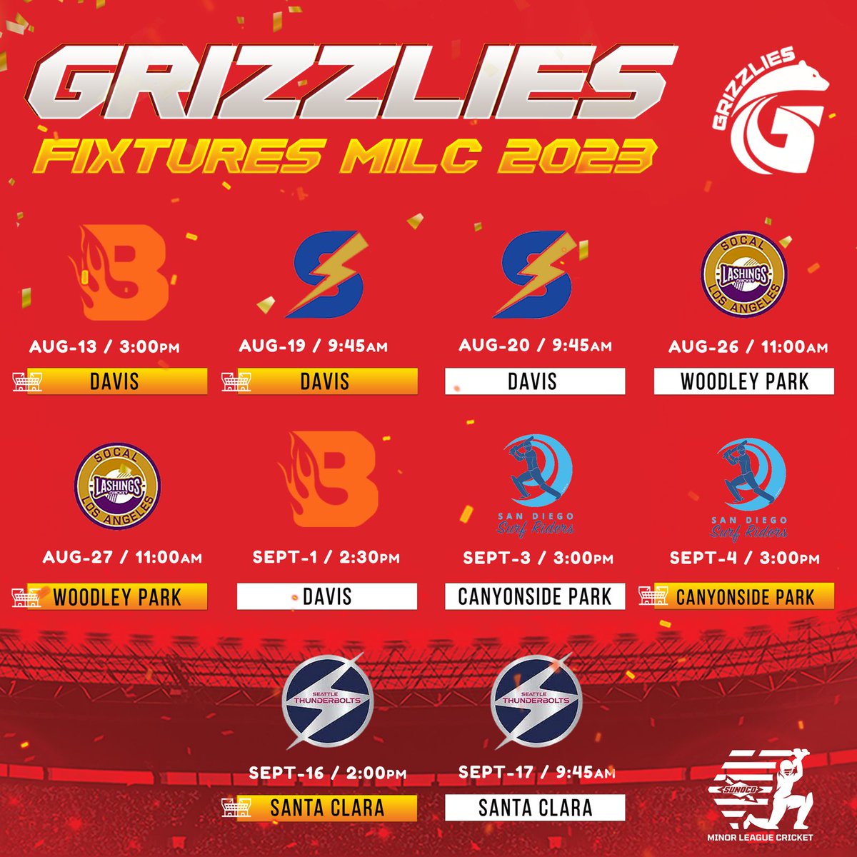 Join the Grizzly pride as the cricket schedule is out and we're all in! 

Witness these cricket matches as the teams compete for glory on the green. 

This time, let's be loud and proud in our support of the Golden State Grizzlies!

#MiLC #USAcricket #GoldenStateGrizzlies #GSG