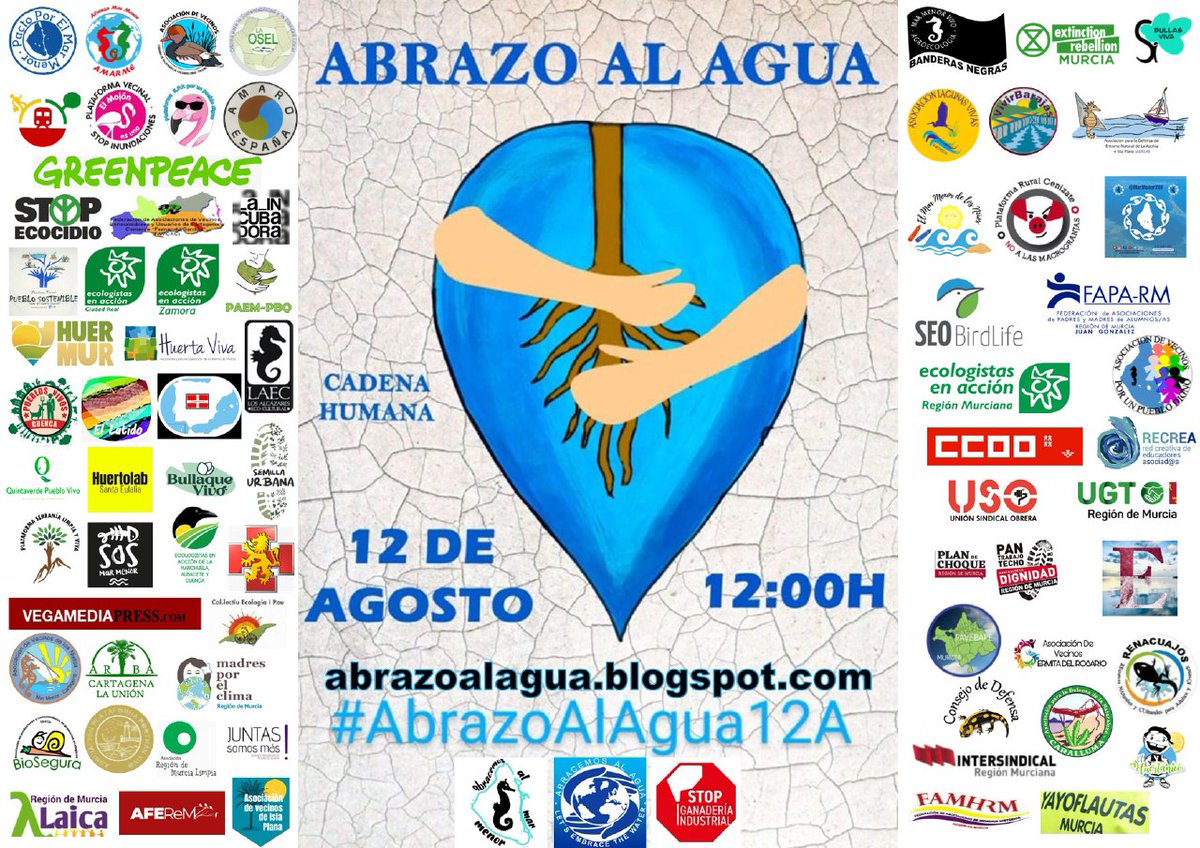 #AbrazoAlAgua12A 
#AbrazoMarMenor12A 
Más grupos, asociaciones, plataformas....  Siguen uniéndose para un Abrazo Universal a lo que nos da la vida. 
CADENA HUMANA ALREDEDOR DEL #AGUA.
Únete:
SÁBADO 12 AGOSTO. 12:00H #ElMismoMar #TheSameSea #LaMismaAgua #TheSameWater