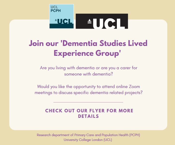 📢Calling those with lived experience of dementia. Would you like to work with researchers @UCL_PCPH to ensure #dementia research is meaningful and accessible? For more details 𝗰𝗹𝗶𝗰𝗸 𝗵𝗲𝗿𝗲 𝘁𝗼 𝘀𝗲𝗲 𝗼𝘂𝗿 𝗳𝗹𝘆𝗲𝗿: shorturl.at/svAE0 Please retweet!
