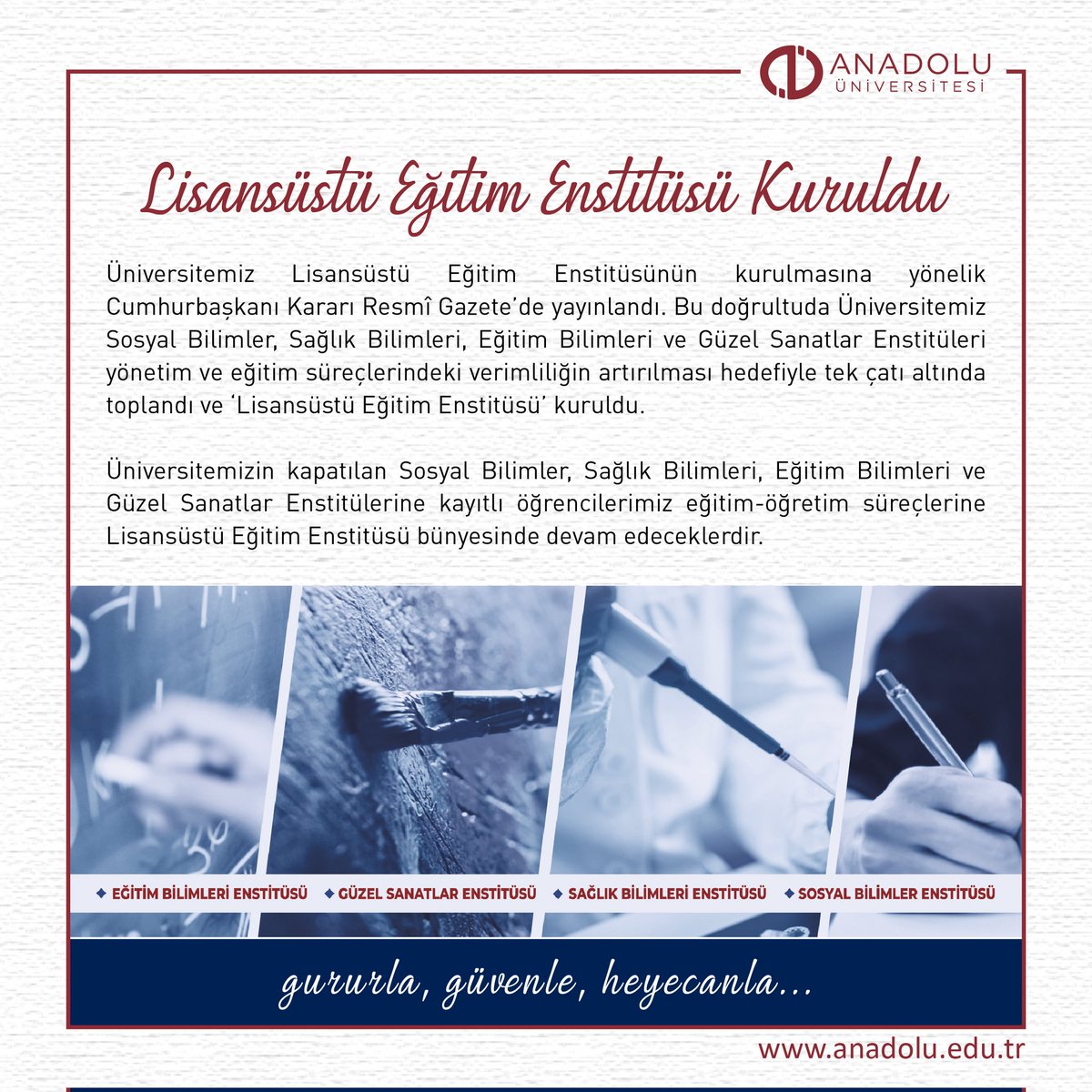 Üniversitemizde Lisansüstü Eğitim Enstitüsü kuruldu.

#AnadoluÜniversitesi #Lisansüstü
