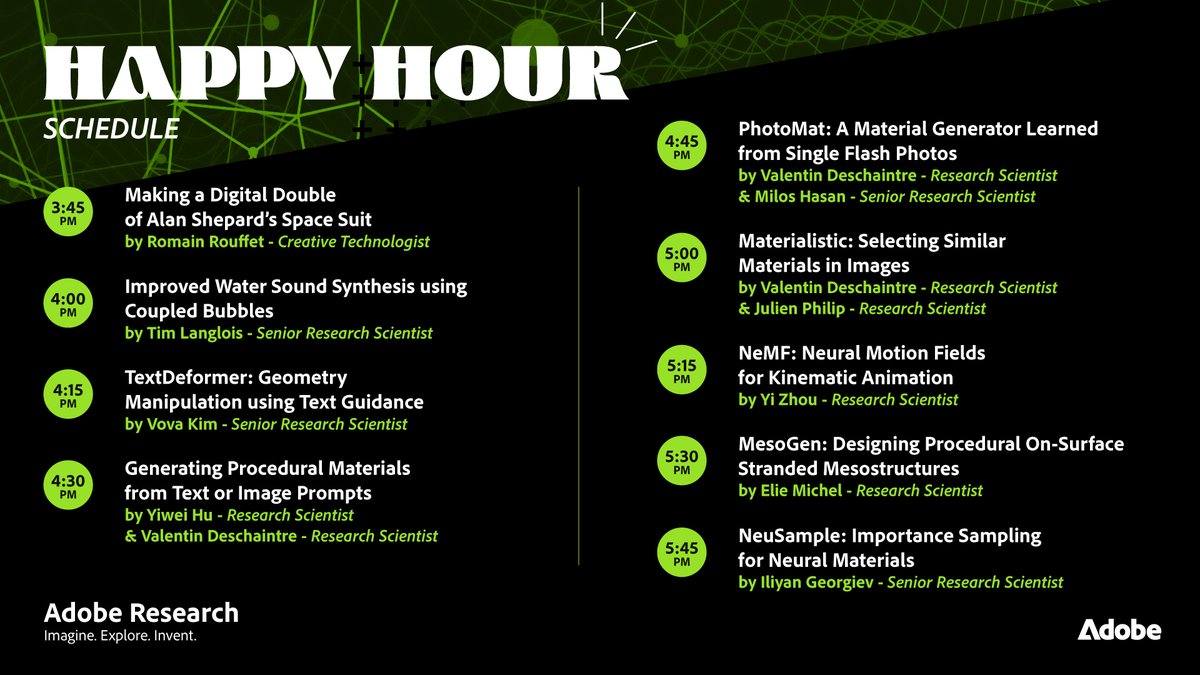 Adobe Research (@adoberesearch) on Twitter photo Stop by the <a href="/AdobeResearch/">Adobe Research</a> booth at #SIGGRAPH2023 next week, and join us for drinks at our Happy Hour on 8/8 at 3:30 pm (PDT) to meet our researchers and learn about their latest work! Stop by the <a href="/AdobeResearch/">Adobe Research</a> booth at #SIGGRAPH2023 next week, and join us for drinks at our Happy Hour on 8/8 at 3:30 pm (PDT) to meet our researchers and learn about their latest work!