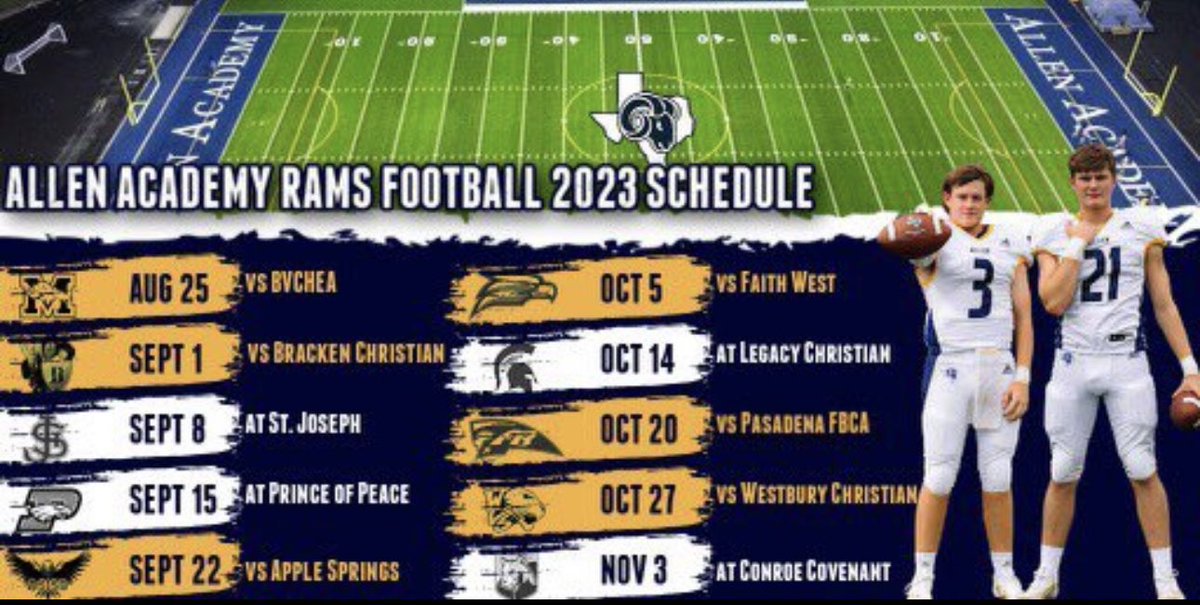 Alex_Simpson33's tweet image. 2023 Allen Academy football schedule is out. I am excited to be returning for my third year here at Allen. We have a great group of kids, coaches, families and community here at Allen. Let’s get to work. #ramtough #mobsquad #FOF