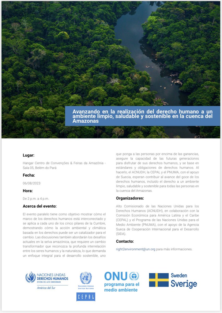 UNEP_LatAm's tweet photo. Los DDHH deben en el centro de las discusiones de la #CumbreAmazónica. El evento Avanzando en la realización del derecho humano a un ambiente limpio, saludable y sostenible en la cuenca del Amazonas será un espacio para dialogar sobre el tema. https://t.co/jQrGuEbPra