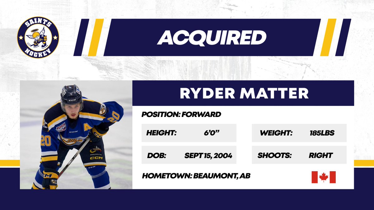 TRADE ALERT!

We have acquired forward Ryder Matter from the <a href="/SPcrusaders/">Sherwood Park Crusaders</a> in exchange for forward Ewan McPherson.

Welcome to Spruce Grove, Ryder!

Read more here --> sprucegrovesaints.ca/saints-acquire…

#AJHL | #SaintsNation