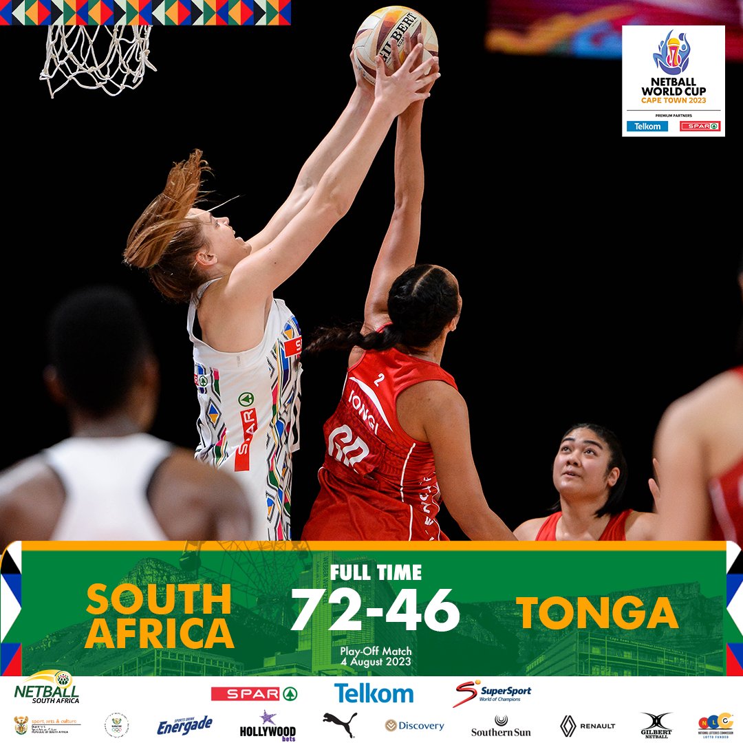 Netball_SA's tweet photo. 🇿🇦🆚🇹🇴
𝗬𝗘𝗦! South Africa for the 𝗪𝗜𝗡! 🥳

The SPAR Proteas will now face Uganda in the 𝟱𝘁𝗵/𝟲𝘁𝗵 𝗣𝗹𝗮𝗰𝗶𝗻𝗴 𝗠𝗮𝘁𝗰𝗵 on Sunday, 6 August at 11:00 🇿🇦🆚🇺🇬

#SPARProteas | #NWC2023 https://t.co/xU9C51ybV8
