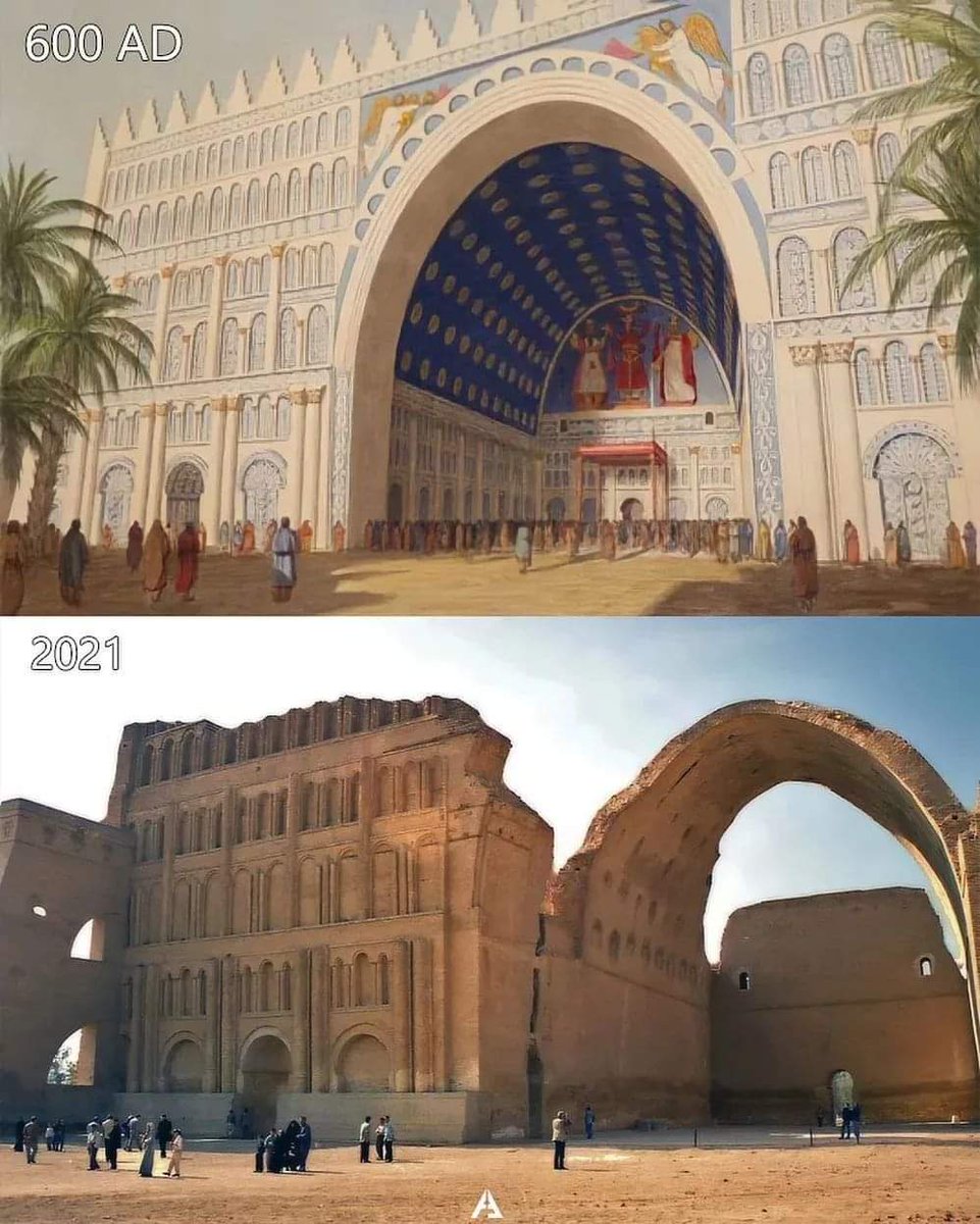 archeohistories's tweet photo. Then vs Now :

Arch of Ctesiphon (Taq Kasra), located 40 km south of Baghdad, Iraq. 

It was built in 6th century AD. It is the world’s largest brick vault and largest free-standing arch constructed until modern times.

A part of a Sasanian palace complex, it stands at 37m high and 26m wide, making it a unique monument of great historical and cultural significance.

#archaeohistories