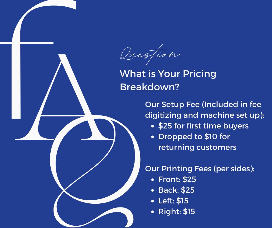 securembroidery's tweet photo. Have ever wondered what embroidery would cost you? Check out our pricing breakdown below!
Visit https://t.co/EXIn2pbJYw to see more.
#pricingbreakdown #cutomembroidery #FAQ #securityembroidery #embroidery https://t.co/0IpGdjmooU