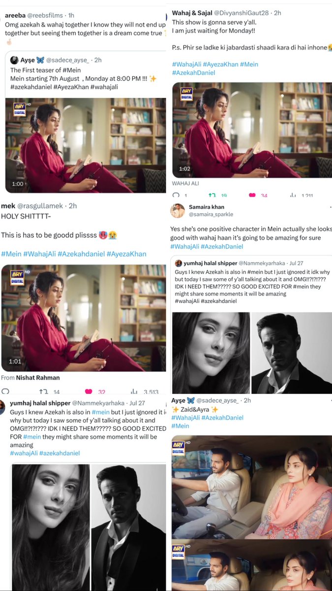 Duyser5's tweet photo. Since the teaser is released, I can not pen down how much insane excitement Twitter has shown for Azekah's role in Mein!Azekah's every role is worth watching and now she is going to bless the screens with Ayra!!❤ YOU DESERVE THE BEST!❤ #azekahdaniel #wahajali #mein #ayezakhan https://t.co/n6hQtrPDIF