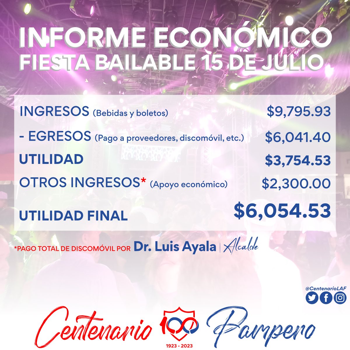 CentenarioLAF's tweet photo. Pamperos, les compartimos el detalle de ingresos y egresos de la fiesta bailable realizada el 15 de julio 📝

📌 El 100% de los fondos son para la celebración de los 💯 años de Luis Ángel Firpo https://t.co/wfoWnKlVDJ