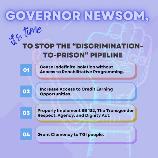 ellabakercenter's tweet photo. .@GavinNewsom, it’s time to show leadership &amp; properly Implement SB 132, The Transgender Respect, Agency, &amp; Dignity Act. Support LGBTQ people trying to survive anti-trans violence within systems of criminalization #ClemencyNow #ProtectTransPeople https://t.co/ZVYNppR4E0 https://t.co/GRhdxFR1XU