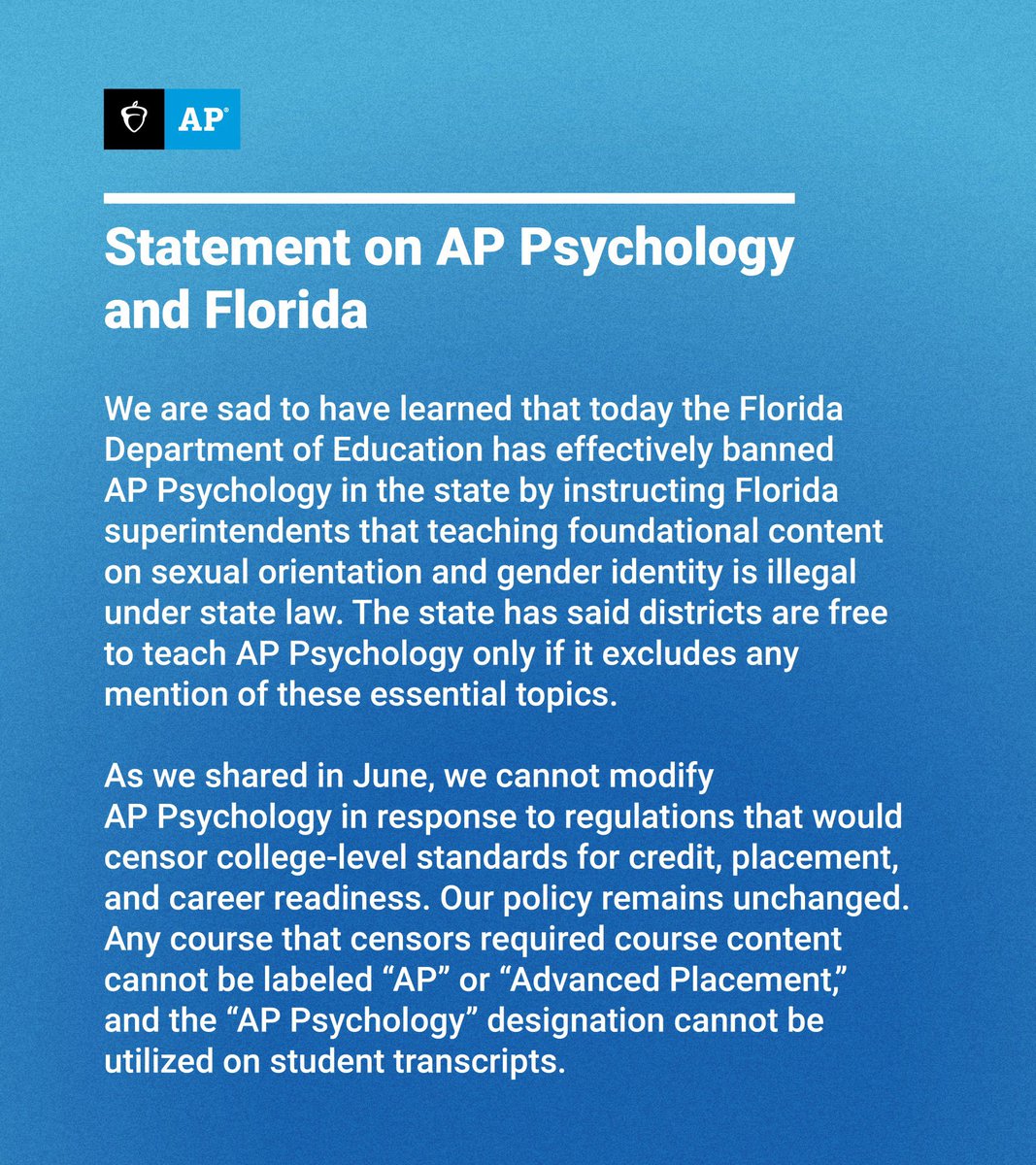 PopCrave's tweet photo. Ron DeSantis’ Board of Education has effectively banned AP Psychology in Florida due to the course’s inclusion of content relating to sexual orientation and gender identity, which is illegal under state law. https://t.co/ayHoqlJJPC