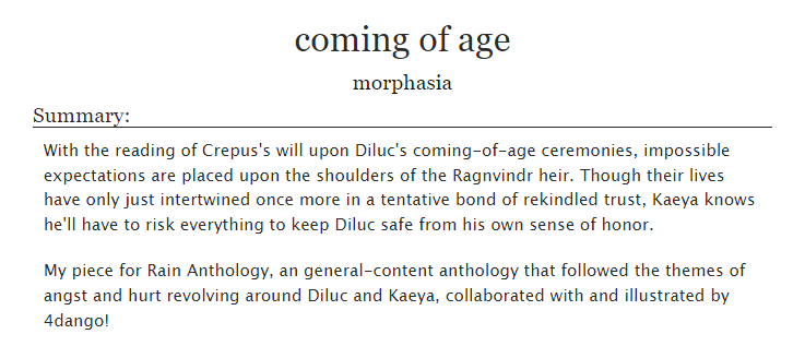 morphasia4's tweet photo. I'm happy to share with you my piece "coming of age" for @rainanthology , a general anthology that focuses on pain, angst, hurt and comfort surrounding Diluc and Kaeya. It was illustrated by the wonderful green bird @4dango_the2nd ! Link in comments below ⏬ https://t.co/S9y0PqKMJY
