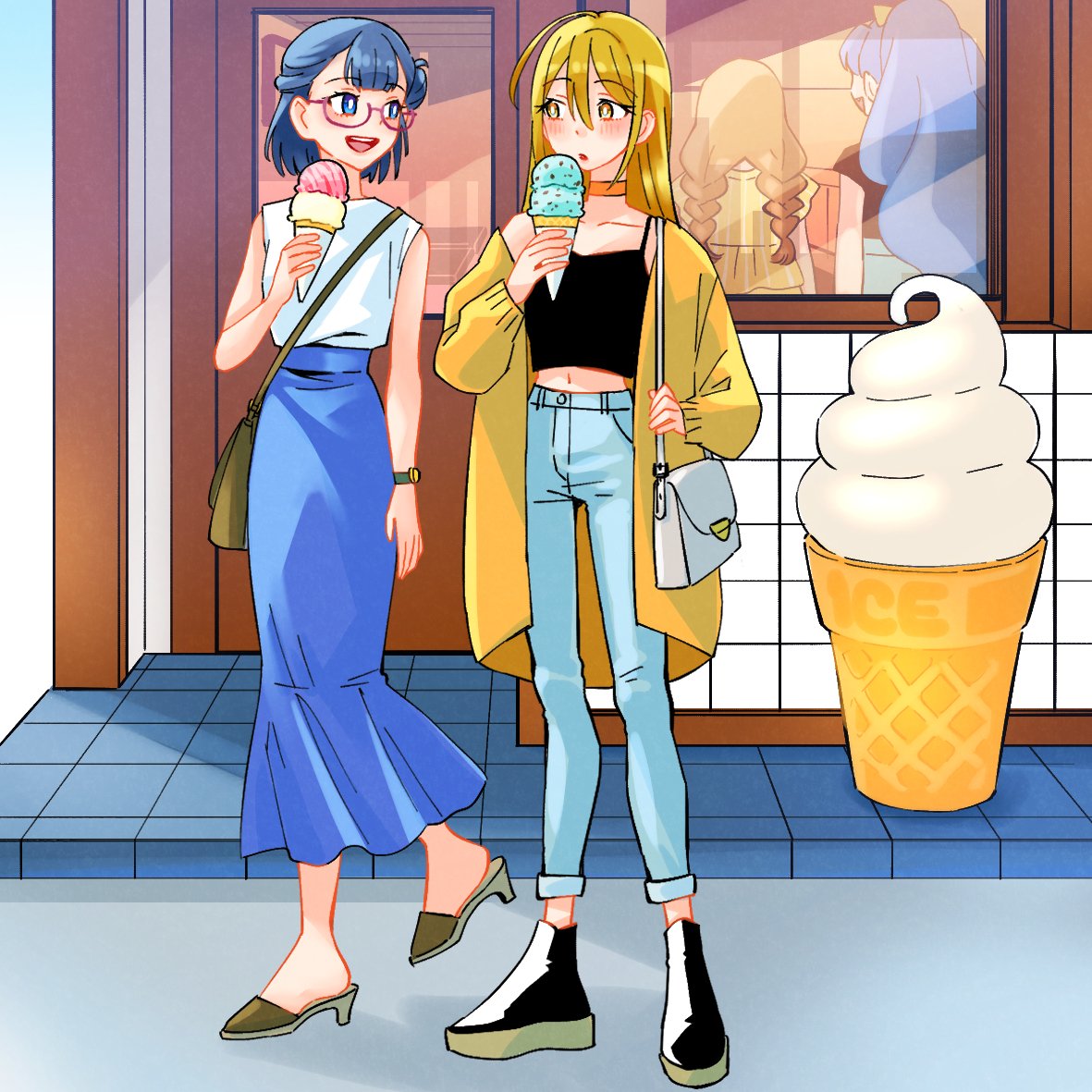 multiple girls blue hair glasses blonde hair bag food pants  illustration images