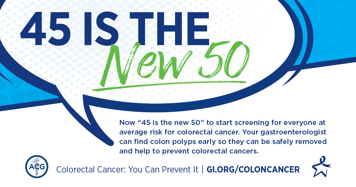 4⃣5⃣ for #ColorectalCancerScreening 📣Average risk individuals should begin screening for #ColorectalCancer at age 45! The College and the #GIcommunity stand together with patient advocates and public health experts who know the evidence. Patient info: gi.org/coloncancer