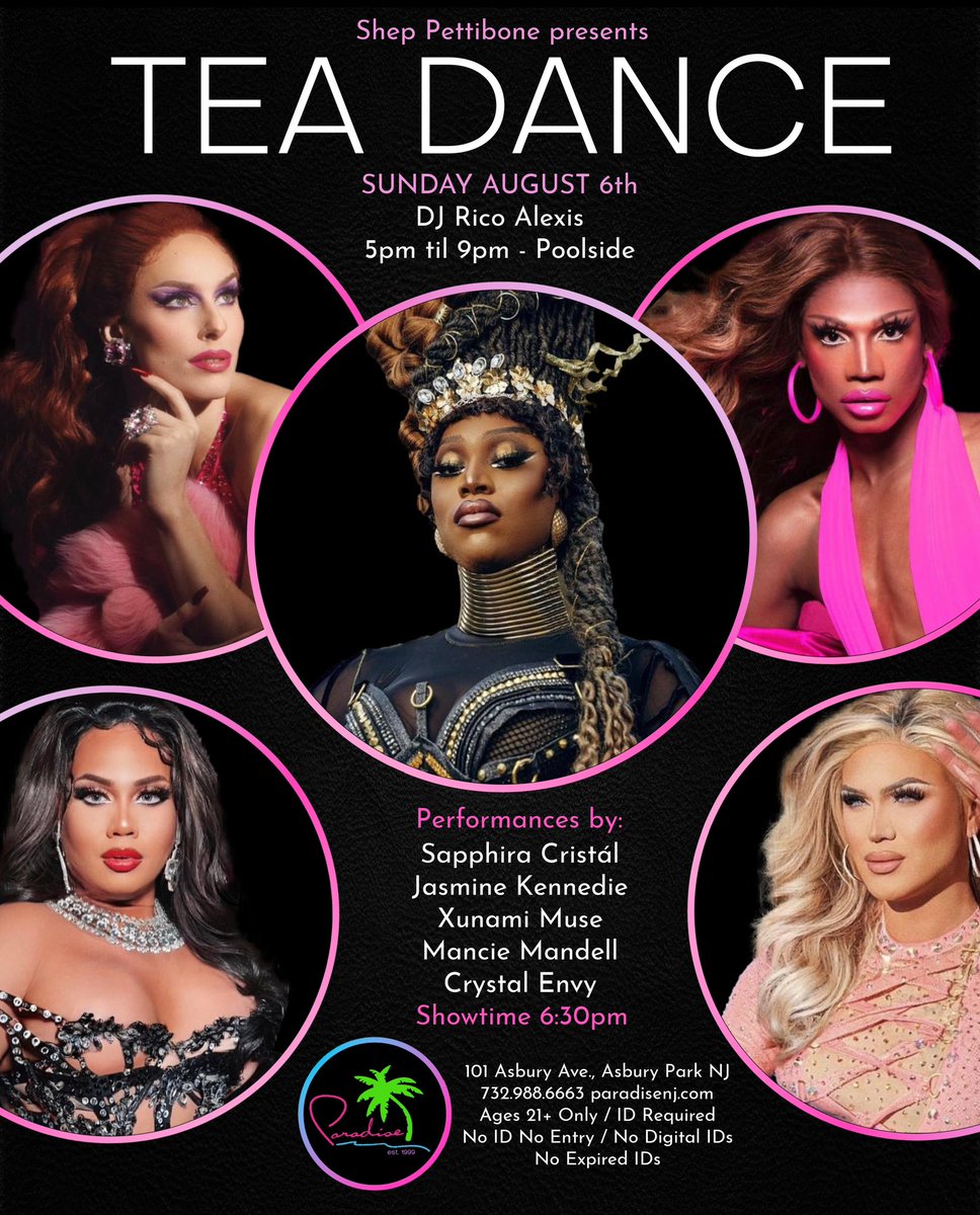 paradiseclubnj's tweet photo. Tea Dance - Sunday, August 6th
Drag Show at 6:30pm πππ΄
Hosted by:
- Sapphira Cristal
w/ Special Guests:
- Jasmine Kennedie
- Xunami Muse
- Mancie Mandell
- Crystal Envy
#asburyparknj #paradisenj #gay #lgbtq #apnj #gaybar #dragqueen #lgbt #pride #lgbtpride #dragshow https://t.co/FV0FCwbCi7