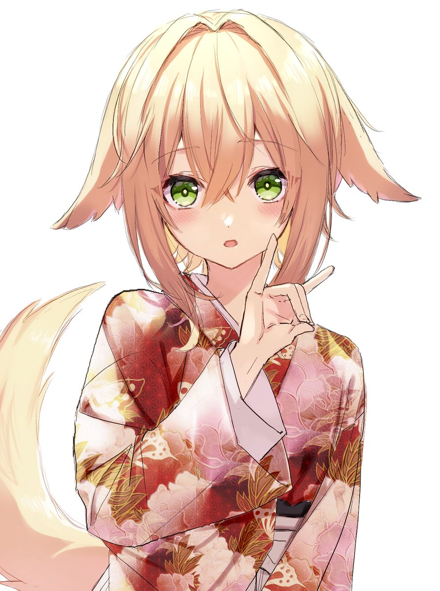 1girl solo green eyes japanese clothes tail kimono blonde hair  illustration images