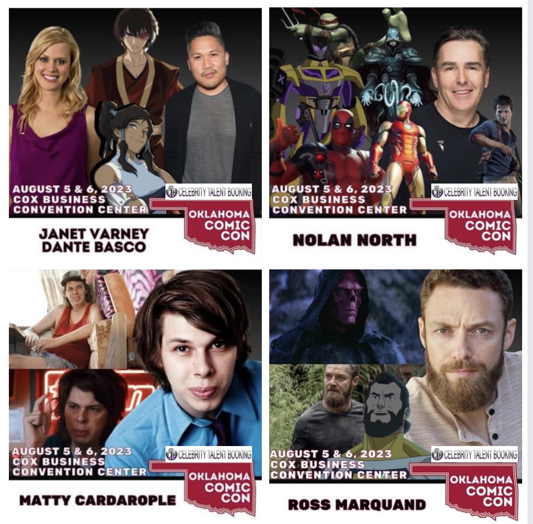 Janet Varney, Dante Basco, Ross Marquand, Nolan North and Matty Cardarople will be at Oklahoma Comic Con this weekend! Be sure to come and say hello!! 
<a href="/dantebasco/">Dante Basco</a> <a href="/janetvarney/">Janet Varney 🏳️‍🌈</a> <a href="/RossMarquand/">Ross Marquand</a> <a href="/mattycardarople/">Matty Cardarople</a> <a href="/nolan_north/">Nolan North</a>