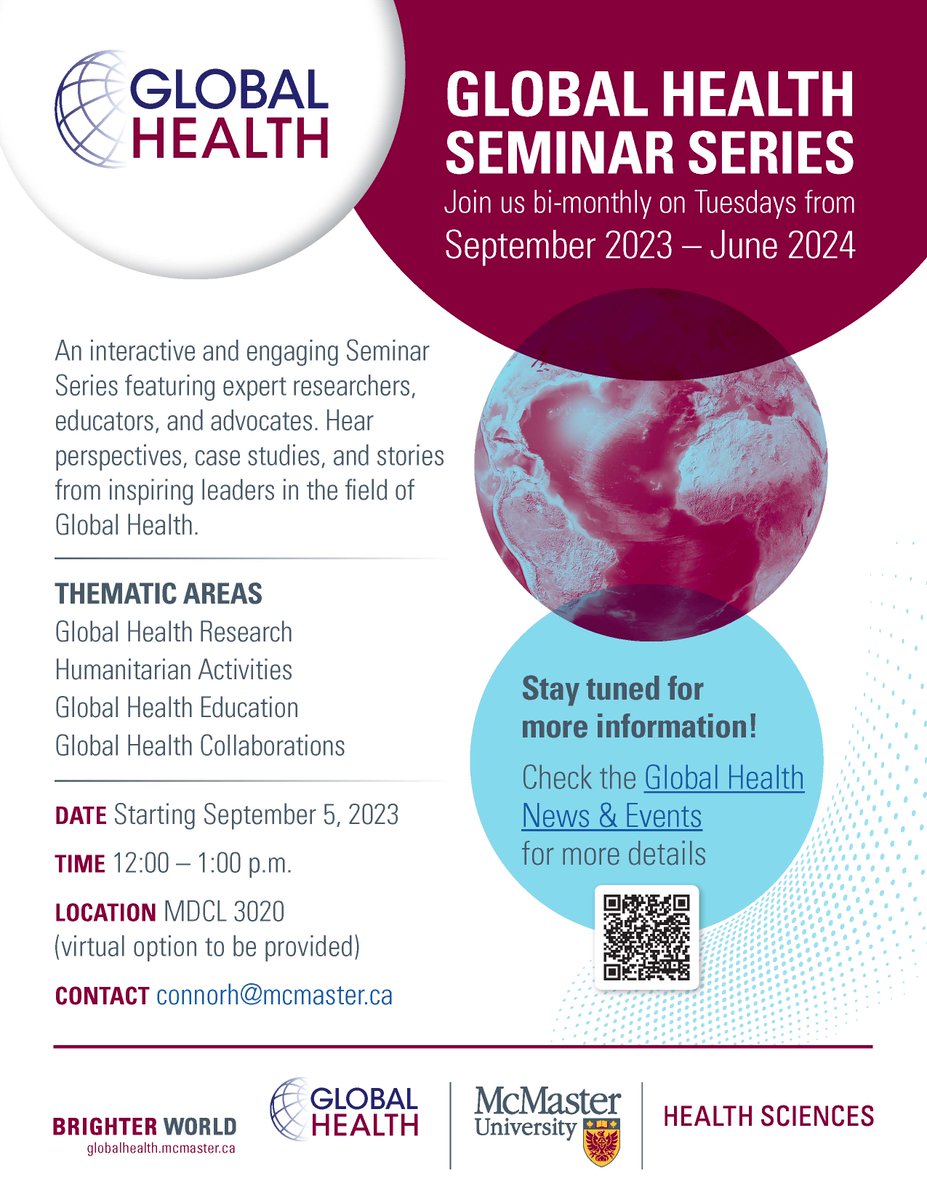McMaster GHO (@mcmastergho) on Twitter photo We are looking forward to launching the Global Health Seminar Series on Sept 5, 2023! Join us for interactive seminars and to hear perspectives, case studies, and stories from inspiring leaders in the field of Global Health. Stay tuned for more info!
<a href="/McMasterU/">McMaster University</a> <a href="/FHS_FacAffairs/">McMaster FHS Faculty Affairs</a> We are looking forward to launching the Global Health Seminar Series on Sept 5, 2023! Join us for interactive seminars and to hear perspectives, case studies, and stories from inspiring leaders in the field of Global Health. Stay tuned for more info!
<a href="/McMasterU/">McMaster University</a> <a href="/FHS_FacAffairs/">McMaster FHS Faculty Affairs</a>
