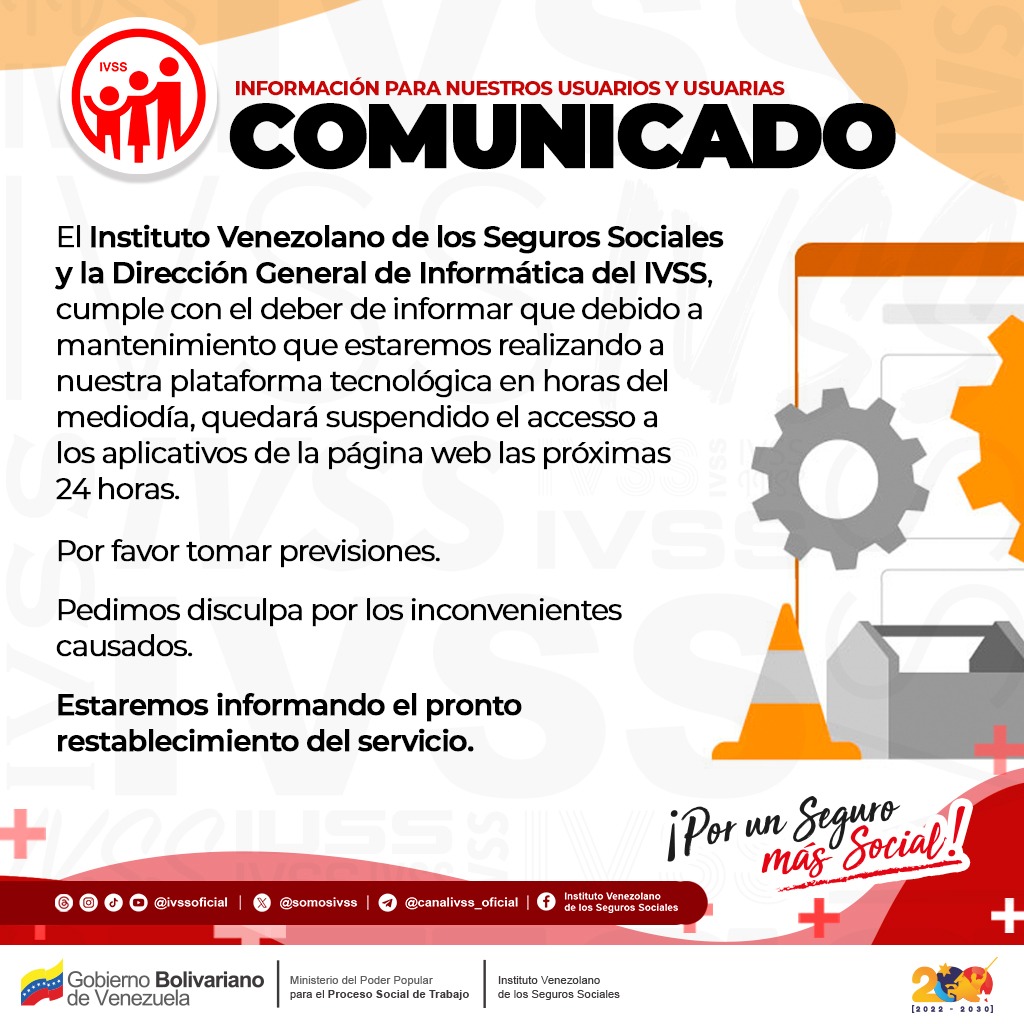🚨 #ATENCIÓN: El #IVSS informa el mantenimiento de la página web.

<a href="/BonosSocial/">Bonos Protectores Social Al Pueblo</a>
#GNBArmadosDePaz