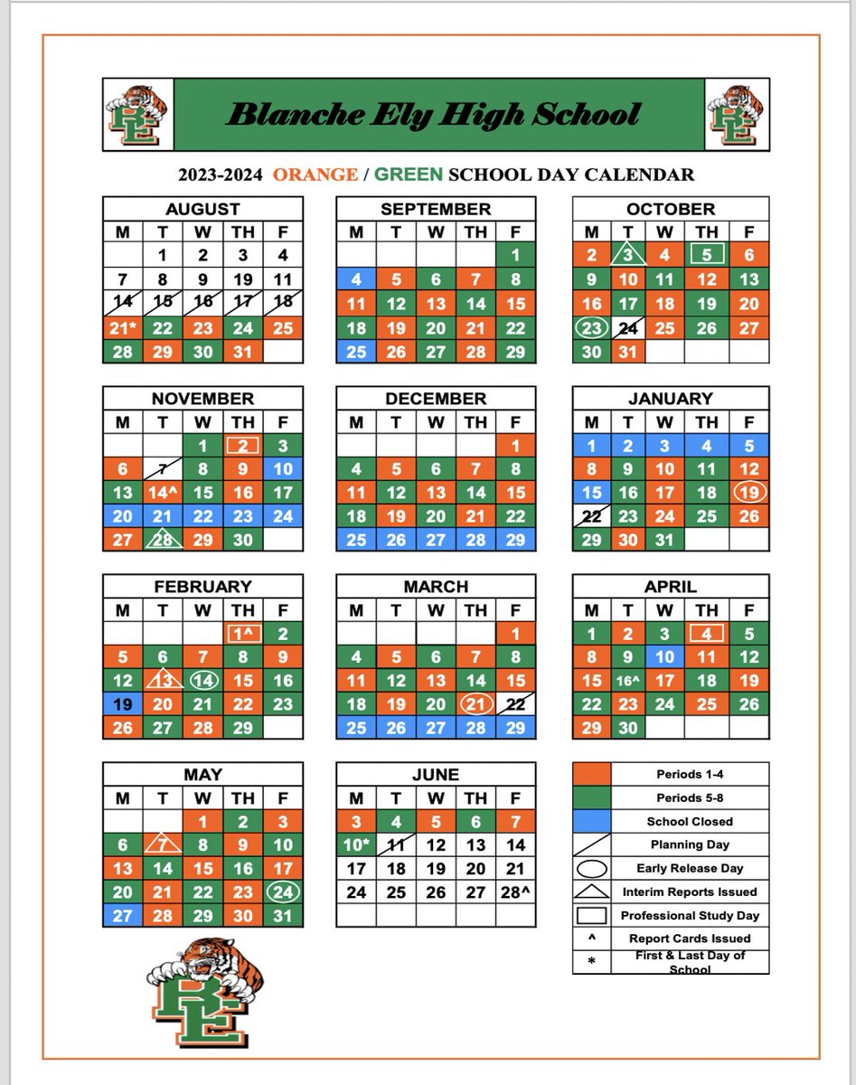 Tigers please keep these schedules on tap!! The first day of a school is an Orange day 🟠 Periods 1-4!
