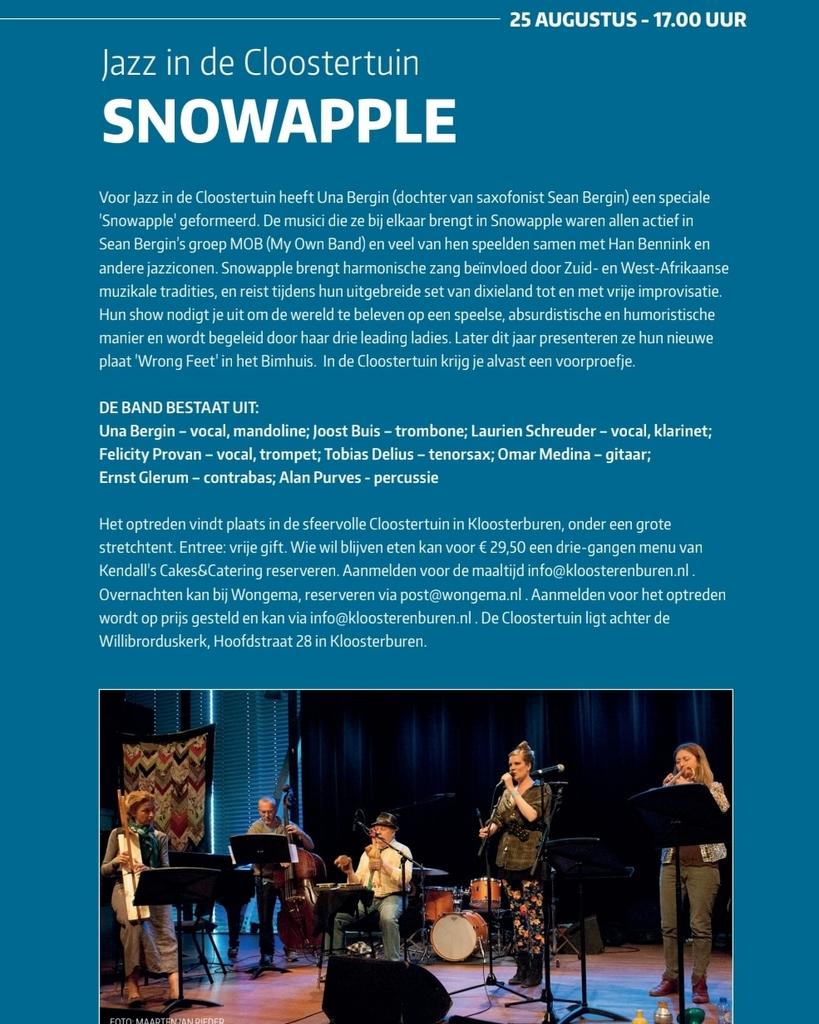 Kloosterenburen's tweet photo. 25 augustus #jazz #bergin #kloosterburen #snowapple #feestje #Kloostertuin Kom je ook? https://t.co/uNmjfai7W0