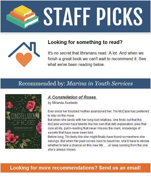 This week’s Staff Pick is the Constellation of Roses by Miranda Asebedo.  The book is a fantasy young adult book with magic realism. #staffpicks #staffreads #staffpick #Fridayreads  <a href="/MirandaWriteNow/">Miranda Asebedo</a> #mirandaAsebedo #ConstellationofRoses  libraryaware.com/2TS5X1