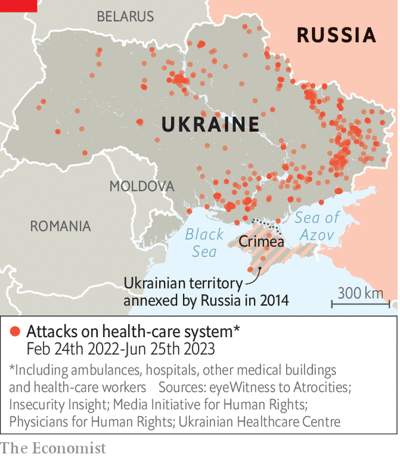 New map by <a href="/TheEconomist/">The Economist</a>, using data from PHR and our partners <a href="/UHCteamUA/">Ukrainian Healthcare Center (UHC)</a>, <a href="/mihr_ua/">Media Initiative for Human Rights</a>, <a href="/InsecurityInsig/">Insecurity Insight</a>, &amp; <a href="/eyewitnessorg/">eyeWitness to Atrocities</a>, illustrates the staggering scale and scope of violent attacks on Ukraine's health care system since Russia's full-scale invasion.

economist.com/international/…