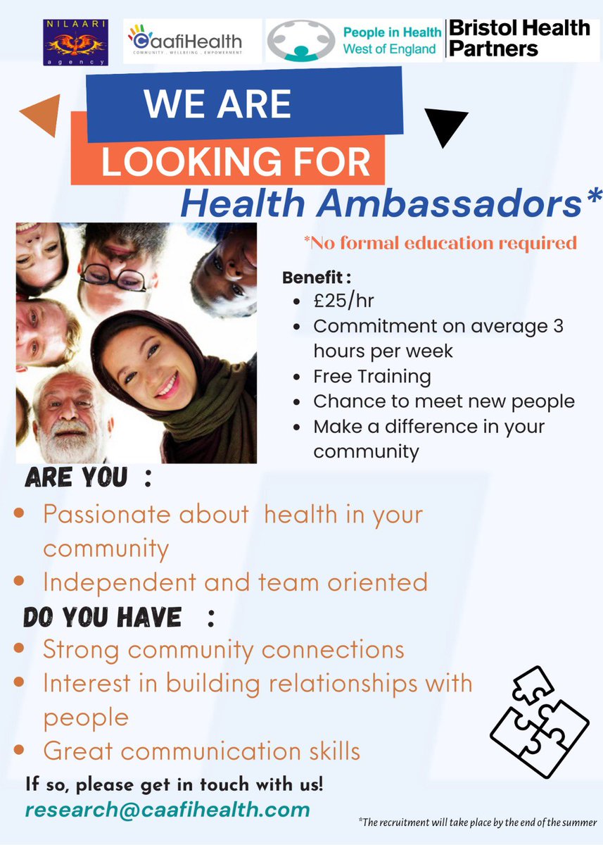 We are deeply committed as an organisation to strengthening the representation of all communities in research. As part of this, we're hiring Health Ambassadors from diverse backgrounds. Please share this poster detailing the Health Ambassador Role with your networks! 🙏