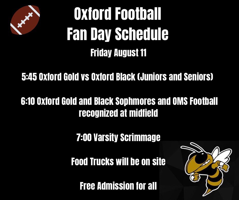 Join us next Friday, 8/11, for a great community event. Come support the Yellow Jacket players, band and cheerleaders! It will be a great community event, hope to see everyone there! #GoBigO. @OHSJackets1 @ocsjackets @CityOfOxfordAL @OldGoldFB @CoachSamAdams