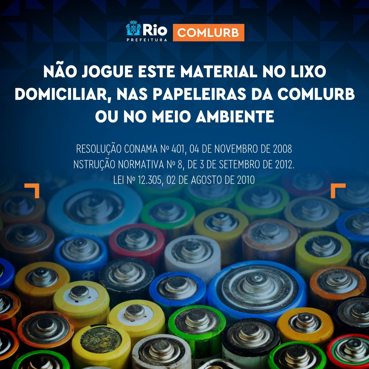 comlurbcomunica's tweet photo. ⚠️As pilhas e os produtos tóxicos precisam de cuidado especial na hora do descarte! A Comlurb não realiza a coleta desses itens, mas você pode fazer a diferença.

Confira o link para mais informações: https://t.co/CVevh8aCT7

#Comlurb2023 #ColetaSelertiva #LogisticaReversa https://t.co/cyrzDTwGzl