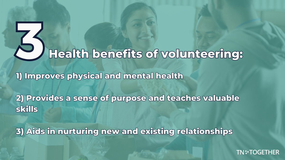 TnTogether's tweet photo. Did you know that volunteering can actually have a positive effect on your health?

Get involved today by visiting https://t.co/McuxcbAFsY

#TNStrong #TNTogether #EndOverdose #StopStigma https://t.co/QA7wMrLEjp