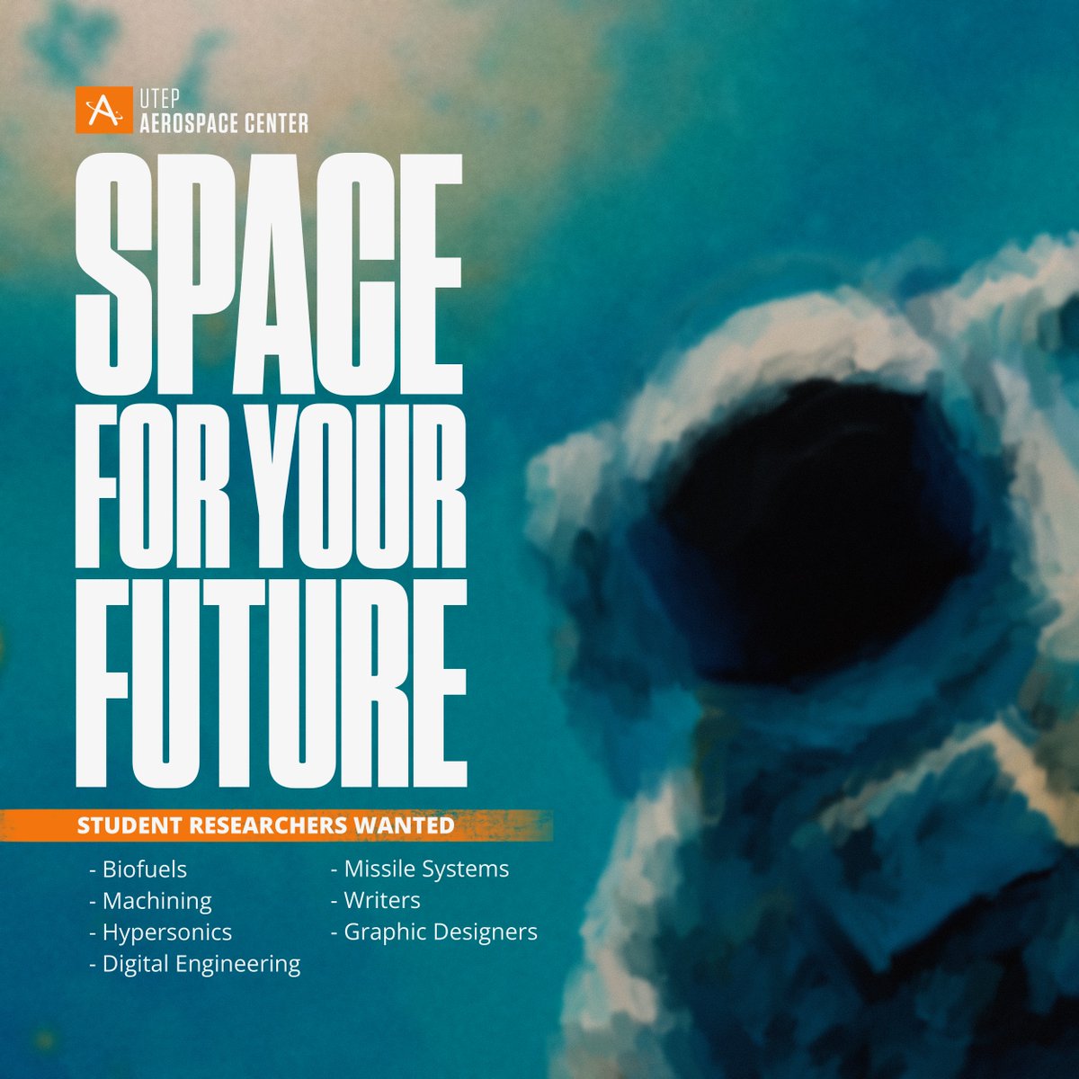 UTEPAerospace's tweet photo. Space for your future. Student researchers wanted for projects that include: biofuels, machining, hypersonics, digital engineering, missile systems, business operations, writing, and graphic design.
https://t.co/KT9cpUv75C https://t.co/CKodYI6Nvv
