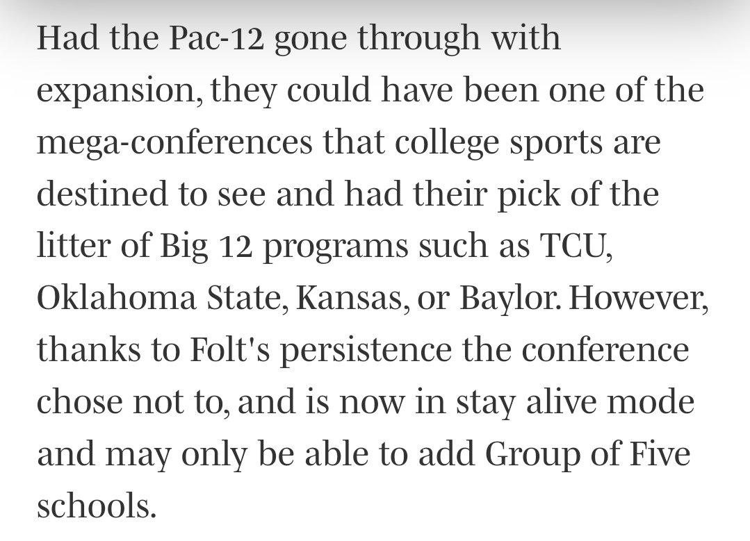 2021 was the final nail in the coffin. USC president Carol Folt (don't hate the player hate the game) shut down Pac12 expansion. Grabbing some combo of TCU, OKST, BYU, Houston, SMU, etc. could have saved the Pac and killed the Big12. But again Pac12's sense of elitism showed up.