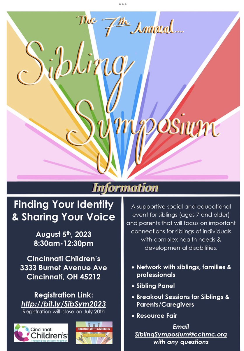 SibsMission's tweet photo. We are so excited for our 7th Annual Sibling Symposium tomorrow, August 5! For those who registered, the Symposiuim and breakfast will start at 8:30 am at @CincyChildrens! We will post updates on social media. See you tomorrow! https://t.co/eMWzh4Ofxy