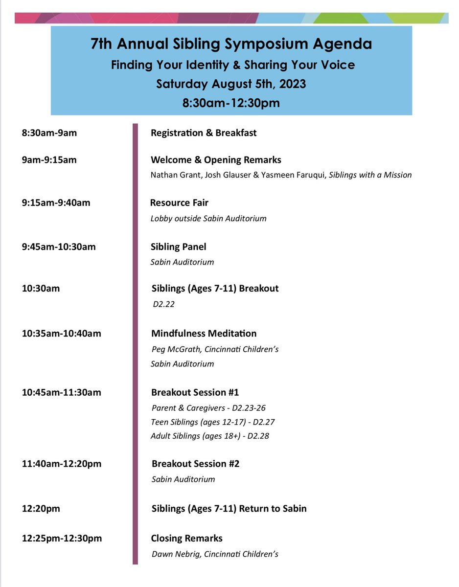 SibsMission's tweet photo. We are so excited for our 7th Annual Sibling Symposium tomorrow, August 5! For those who registered, the Symposiuim and breakfast will start at 8:30 am at @CincyChildrens! We will post updates on social media. See you tomorrow! https://t.co/eMWzh4Ofxy