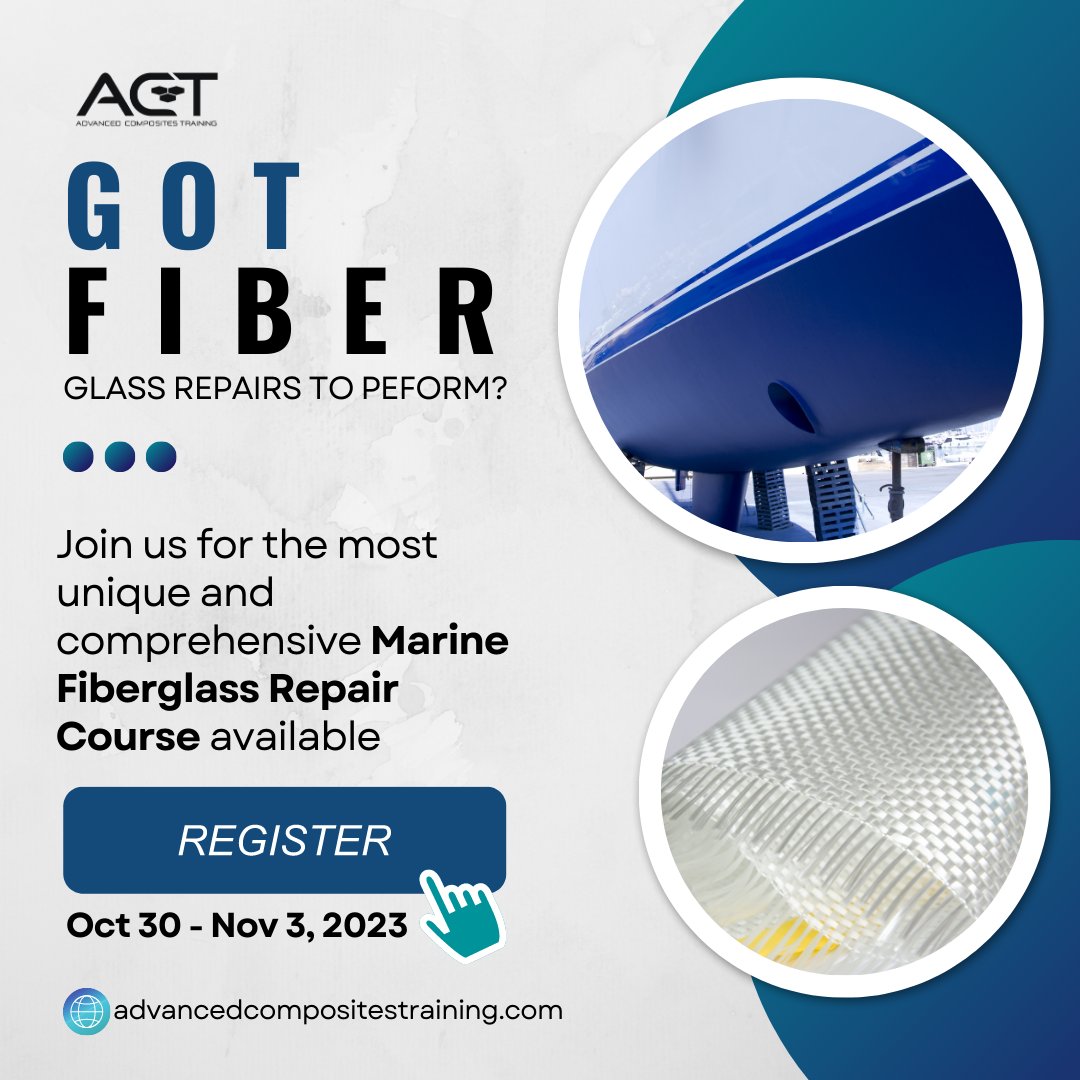 ACTComposites's tweet photo. Join us for our upcoming Marine Composites and Gel Coat Repair Training.

Learn about the essential and advanced methods, technologies, equipment, materials, and processes involved in the repair of new-age composite boats. https://t.co/p6DgvFX5kD