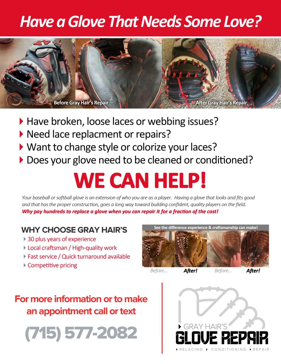 With the summer season winding down - now is a great time for some glove love. Laces tightened or replaced - leather reconditioned - new color laces added. Let me know if you’re interested!