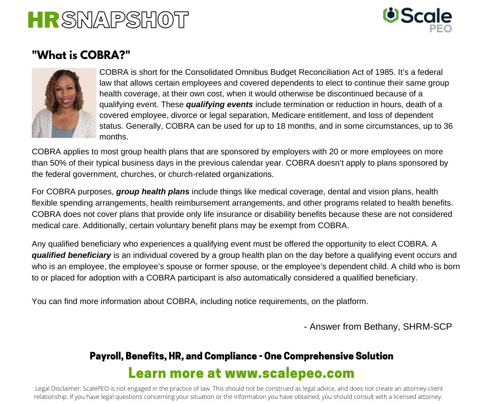 Scale_PEO's tweet photo. Read below learn more about COBRA from our ScalePEO HR Pros. #ScalePEO #SmallBusiness #WorkWithScalePEO #COBRA https://t.co/8jza9Fc2i6