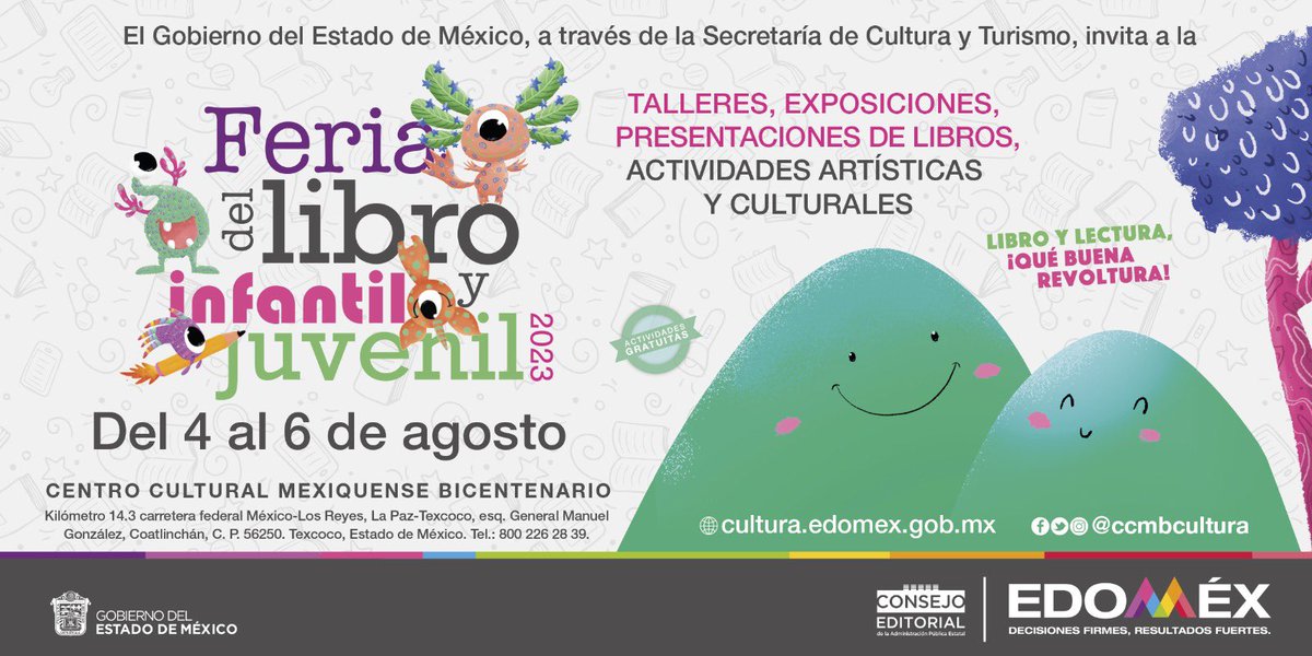 Libro y lectura, ¡qué buena revoltura!

Sigue las transmisiones de la #FeriaDelLibroInfantilyJuvenil a través de <a href="/CulturaEdomex/">Secretaría de Cultura y Turismo</a>, o visita el <a href="/ccmbcultura/">Centro Cultural MB</a> y disfruta de las actividades artístico-culturales y literarias de este encuentro.

¡Te esperamos!
 👉🏼bit.ly/3PaeeuN